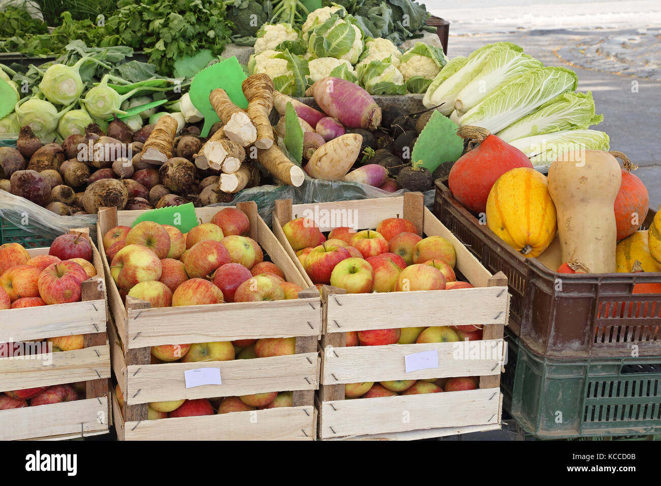 Organic Fruits and Vegetables in Crates at Farmers Market Stall Stock ...