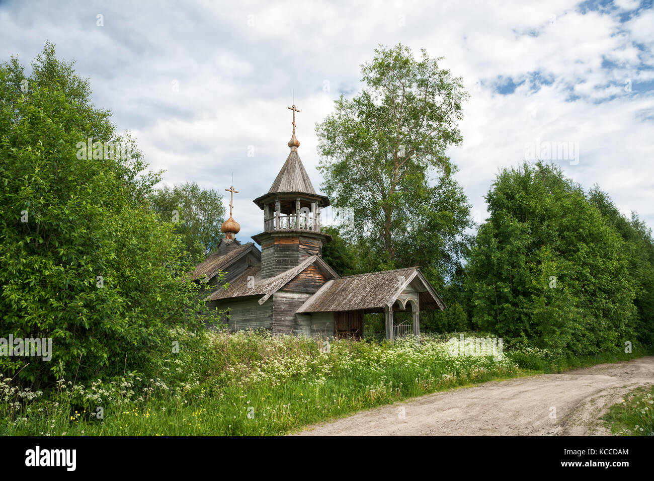 Old rustic wooden church, the chapel of St. Nicholas, Karelia, Russia Stock Photo