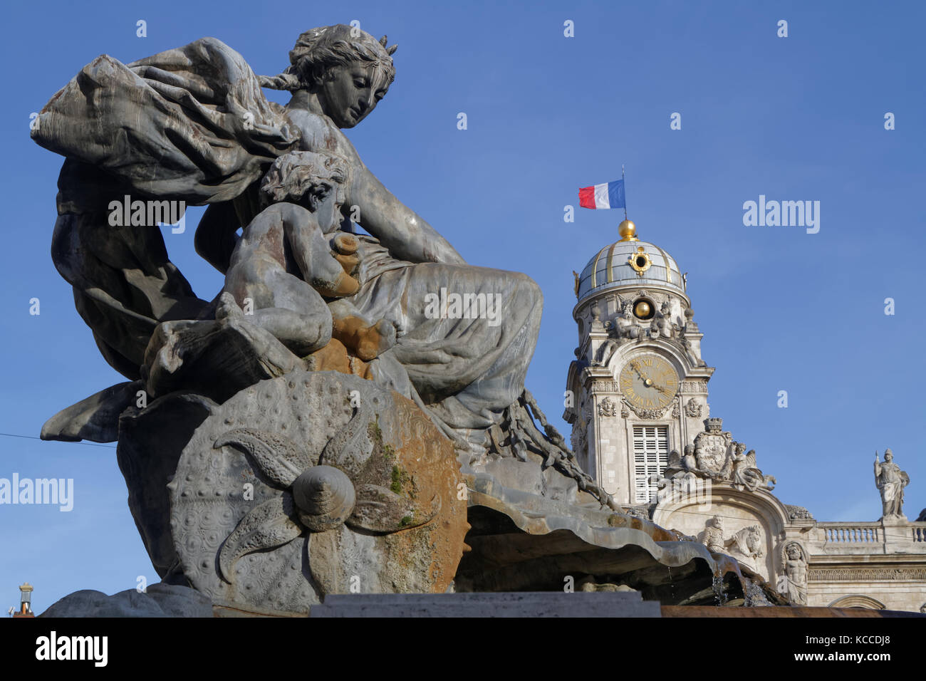 LYON, FRANCE, February 6, 2016 : Bartholdi Fountain on Place des Terreaux. Vieux-Lyon, the city's oldest district, became the first site in France to  Stock Photo