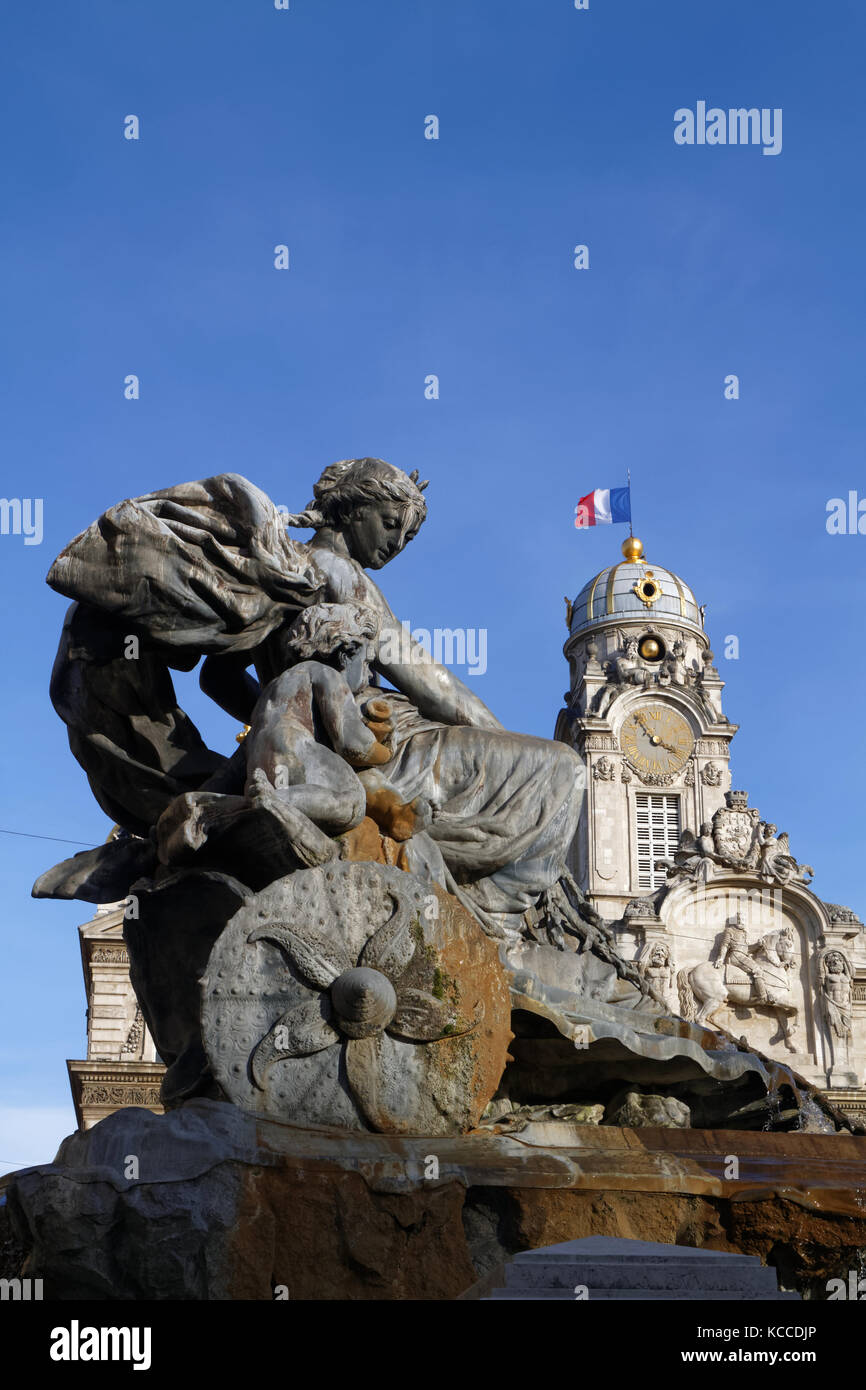 LYON, FRANCE, February 6, 2016 : Bartholdi Fountain on Place des Terreaux. Vieux-Lyon, the city's oldest district, became the first site in France to  Stock Photo