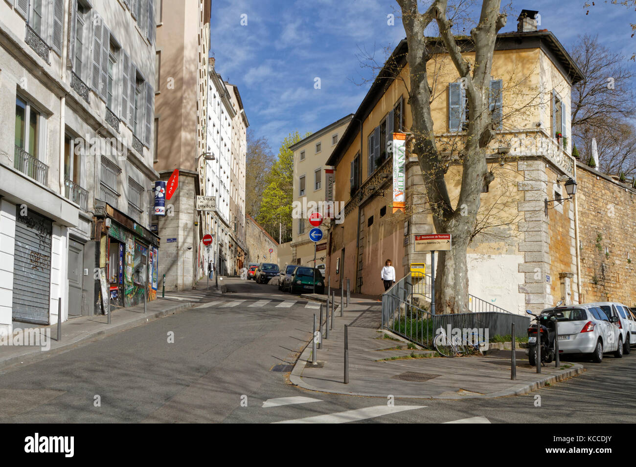 LYON, FRANCE, April 8, 2016 : La Croix-Rousse district. Due to silk industry history, district is nicknamed "hill that works" in contrast to the bette Stock Photo