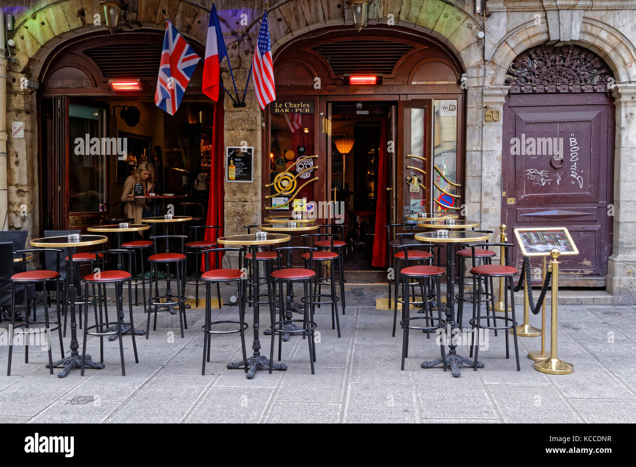 LYON, FRANCE, April 9, 2016 : Small typical restaurant of the region of Lyon, called Bouchon. Lyon possesses one of the biggest concentrations of rest Stock Photo