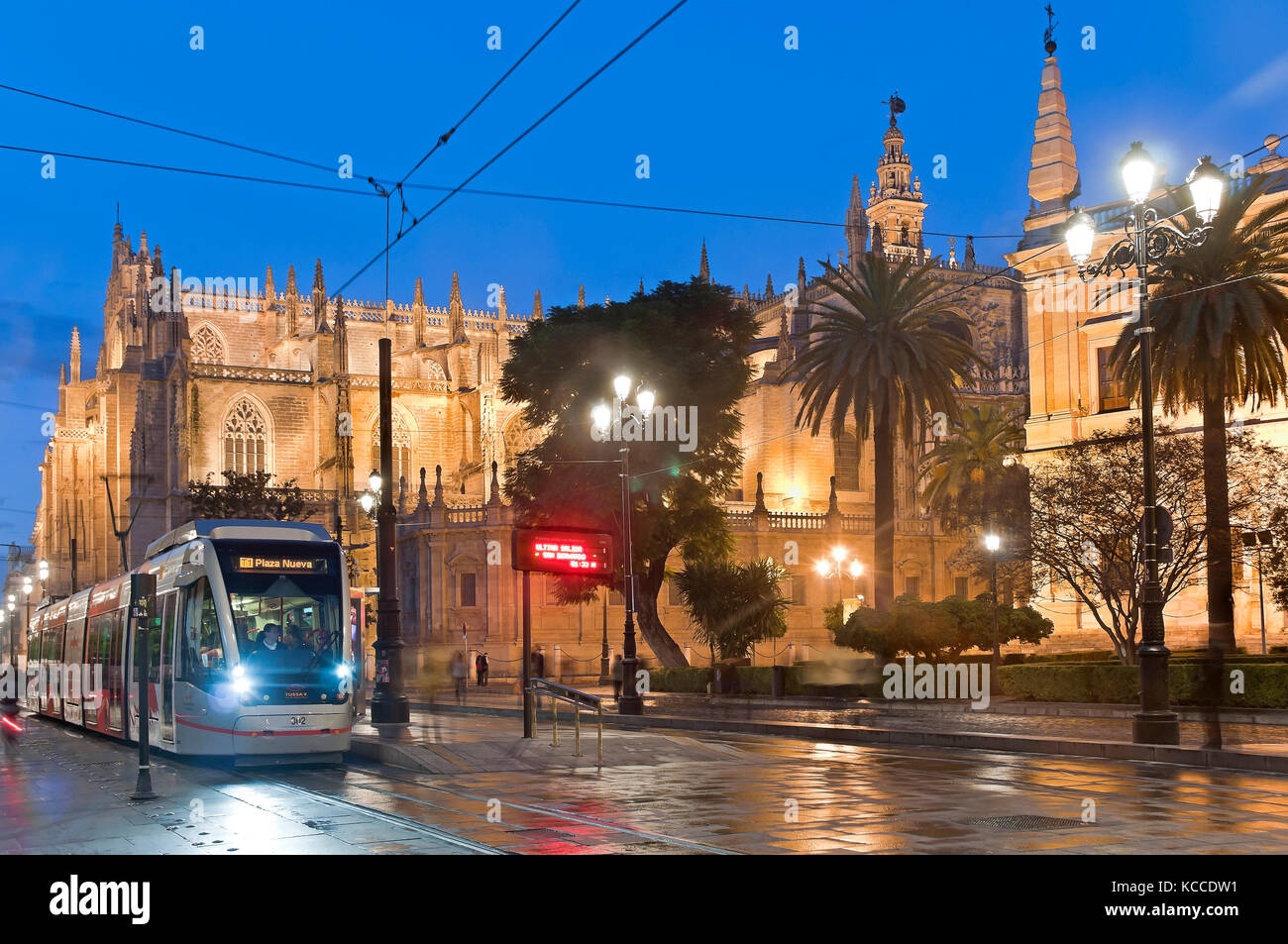 Avenue of the Constitution - Cathedral and Metrocentro tram, Seville, Region of Andalusia, Spain, Europe Stock Photo