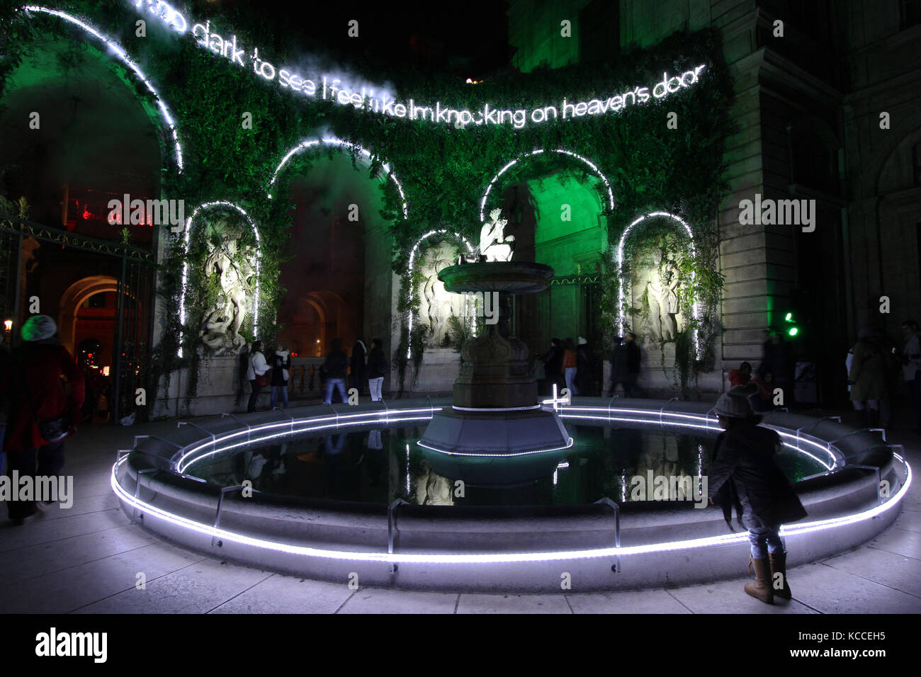 LYON, FRANCE, DECEMBER 6 : The annual Festival of Lights takes place on the monuments of the city, on December 6, 2013 in Lyon, France. Festival of Li Stock Photo