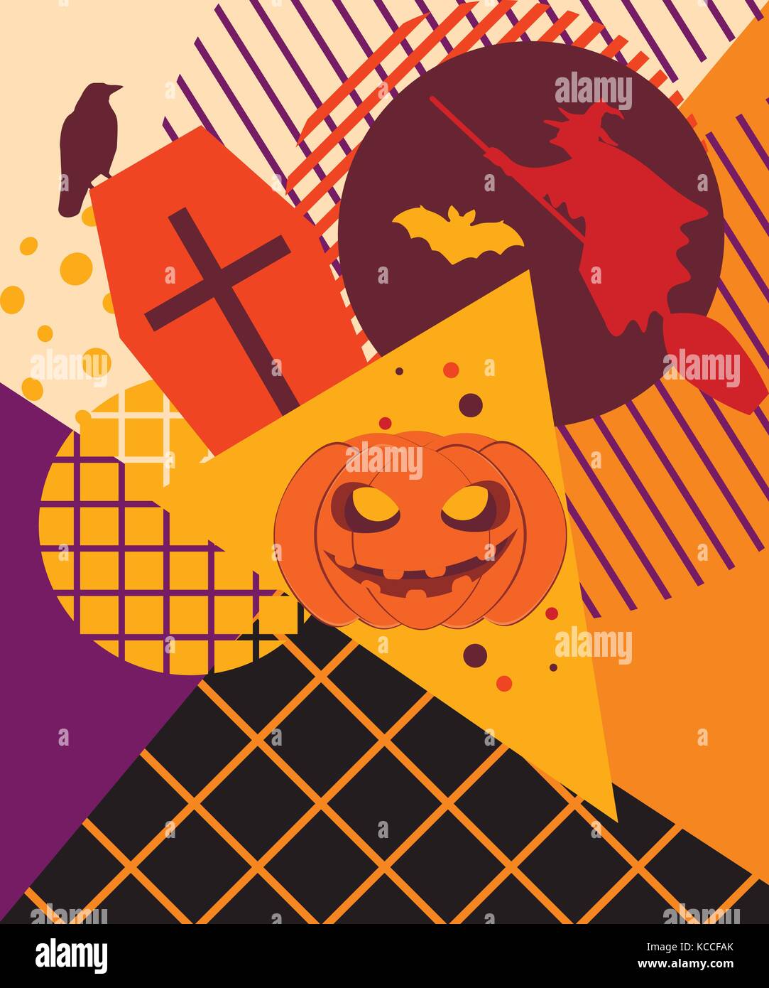 Halloween memphis college. Festive background with mystical creatures and geometric figures in the style of the 80s. Vector illustration Stock Vector