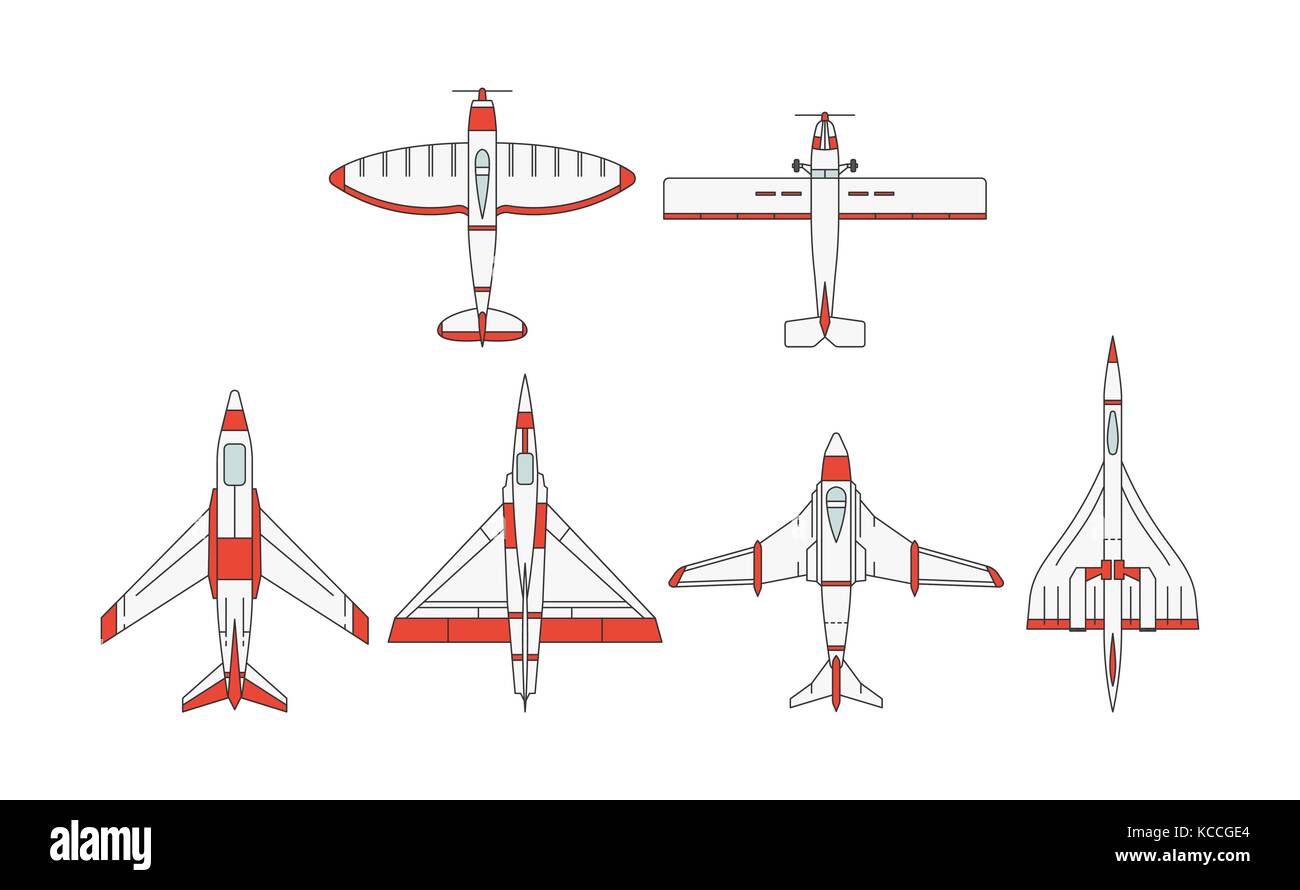 Vector illustrations set of airplane models on white background. Aircraft topic. Stock Vector