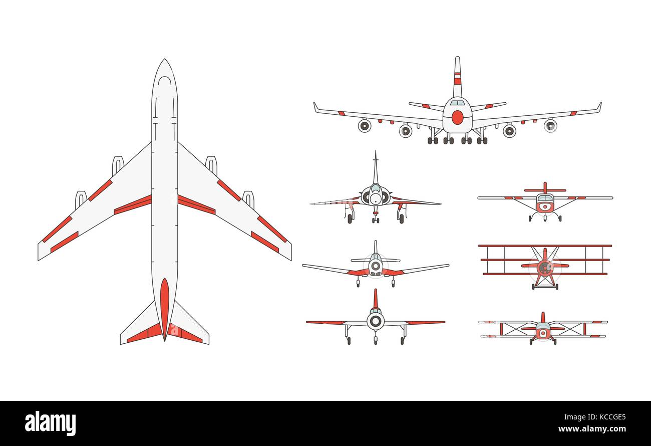 Vector illustrations set of airplane models on white background. Aircraft topic. Stock Vector