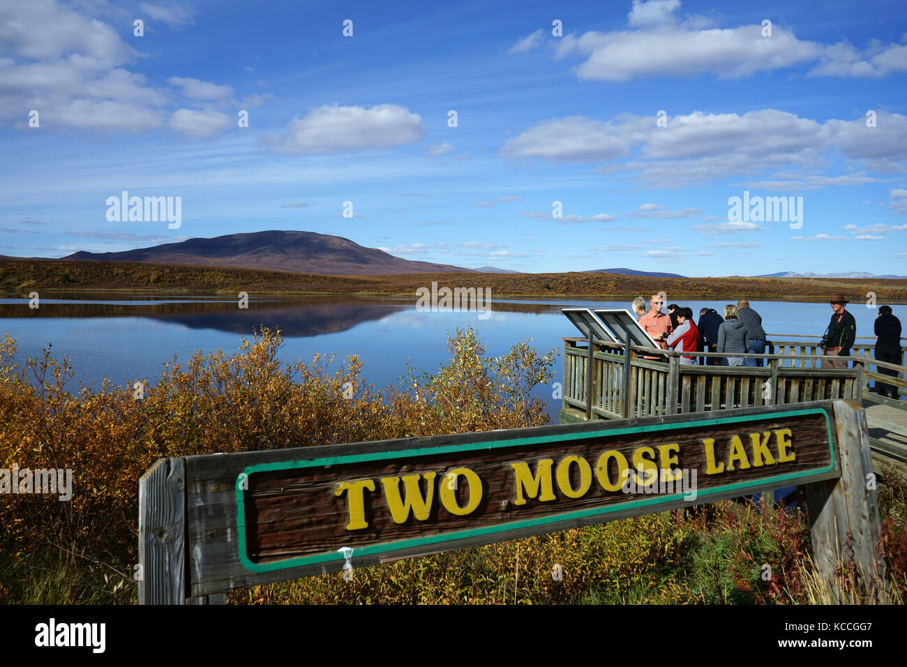 Tourists at viewing platform of Two Moose Lake, Tombstone Territorial Park, Yukon, Territory, Canada Stock Photo