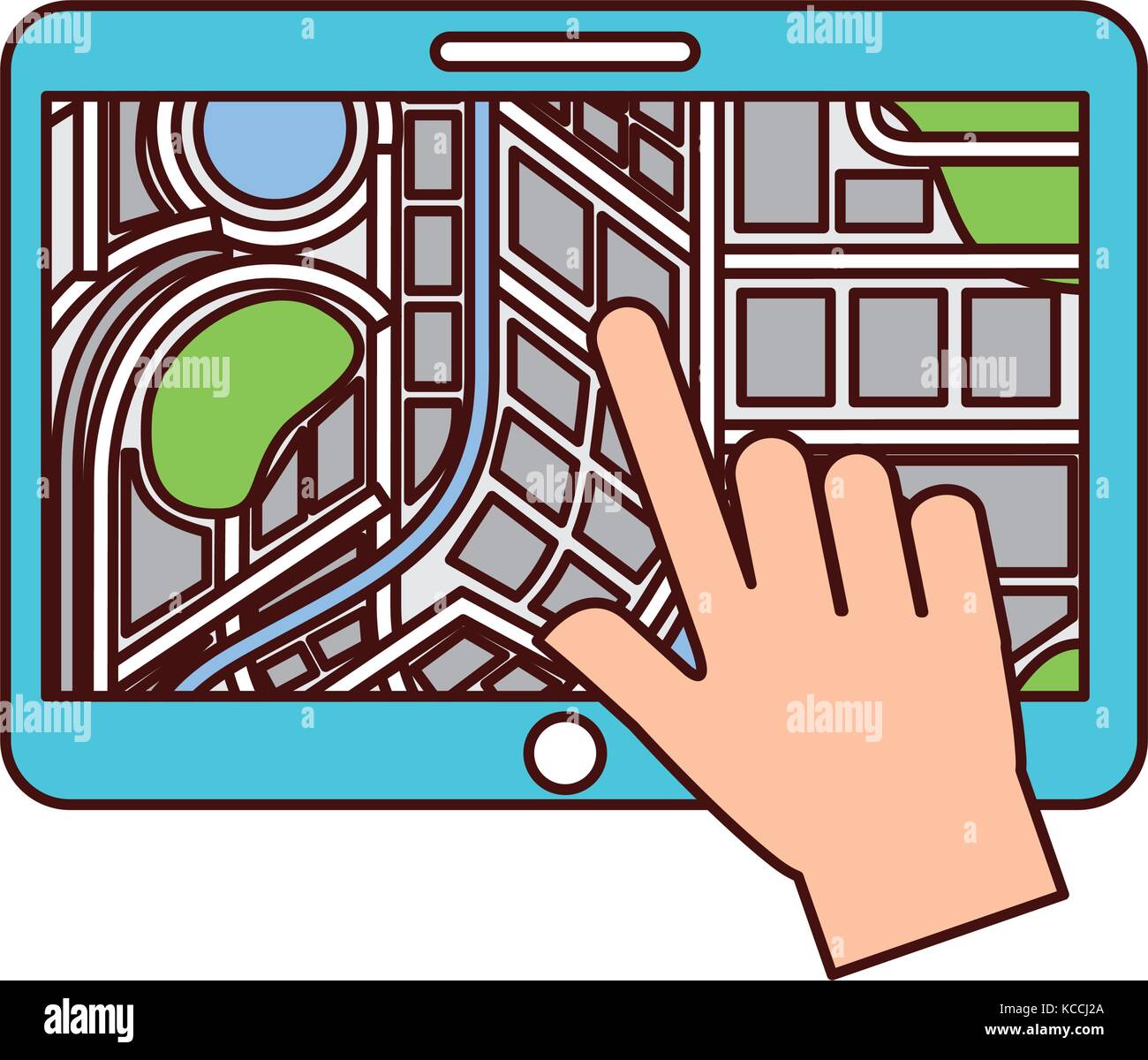 hand touching tablet pc with street map pointer mobile gps navigation ...