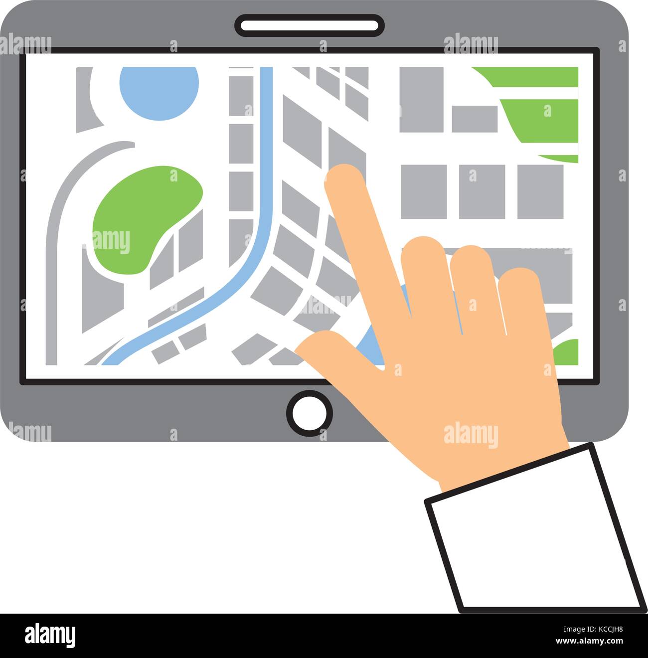 hand touching tablet pc with street map pointer mobile gps navigation ...