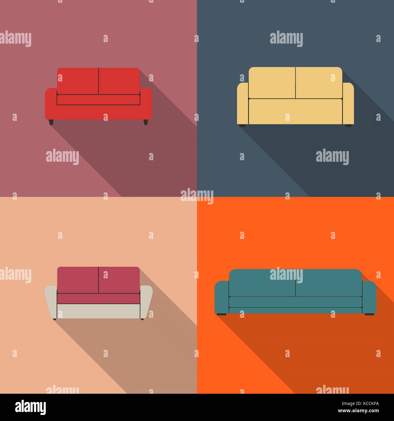 Set of pieces of furniture, sofas of various shapes. Elements of interior design in a flat style with long diagonal shadow, vector illustration. Stock Vector