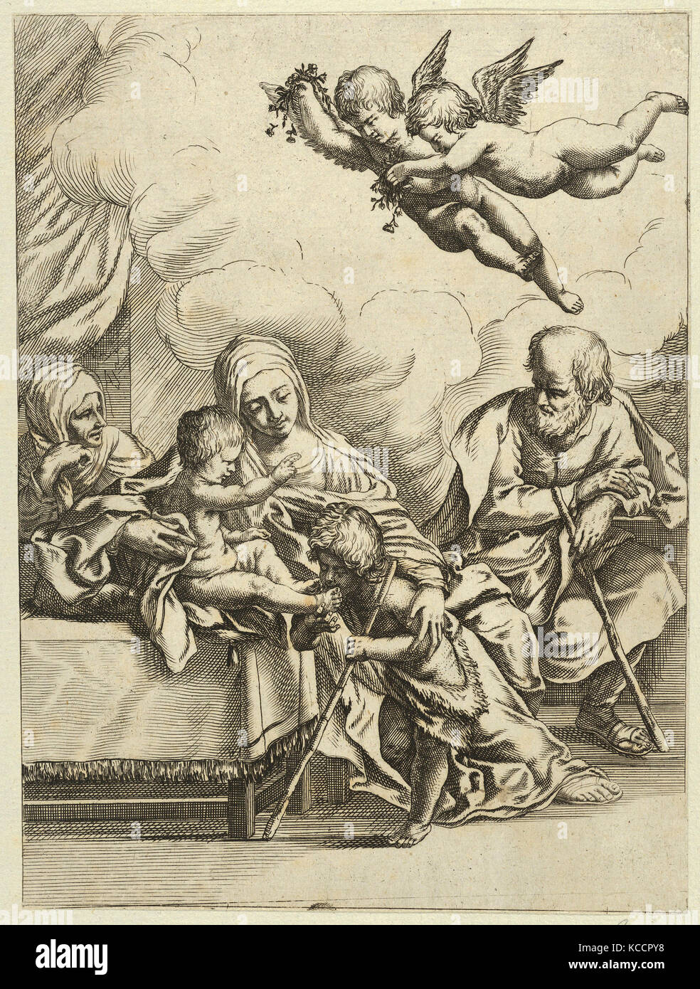 Drawings and Prints, Print, The Holy Family with young John the Baptist and Saint Elizabeth, two angels above, after Reni Stock Photo