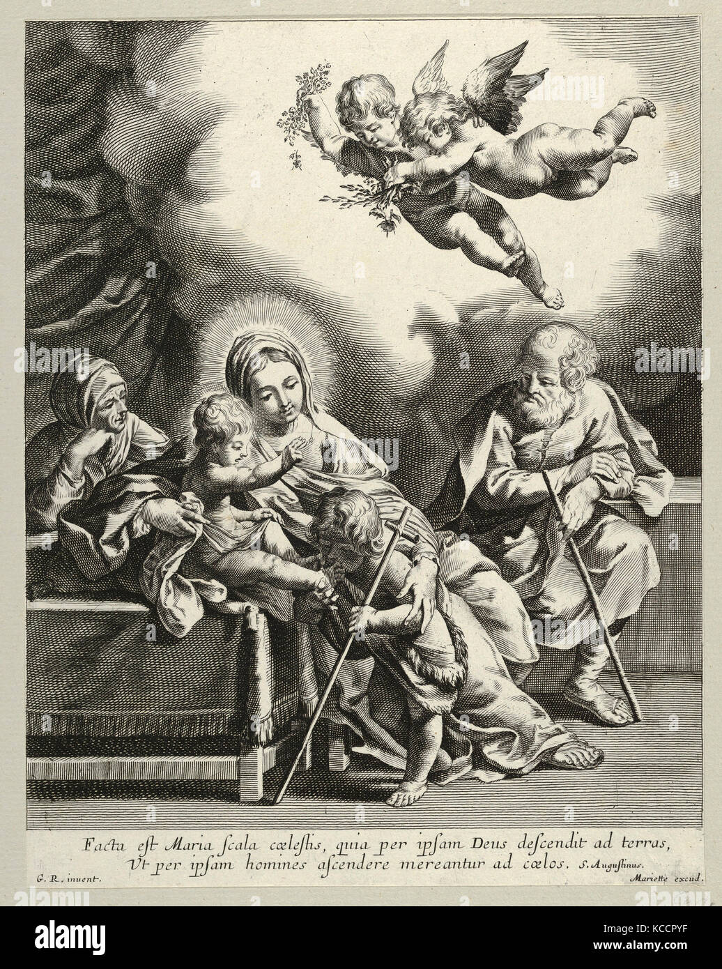 Drawings and Prints, Print, The Holy Family with young John the Baptist and Saint Elizabeth, two angels above, after Reni Stock Photo