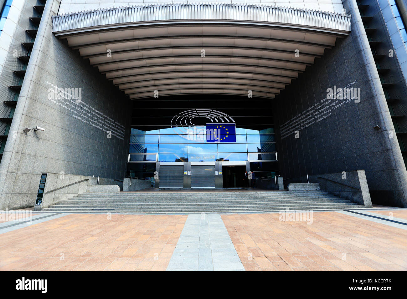 Brussels, Belgium - July 17, 2017: Main entrance of  the European Parliament building. EU Parliament building in Belgium. Stock Photo