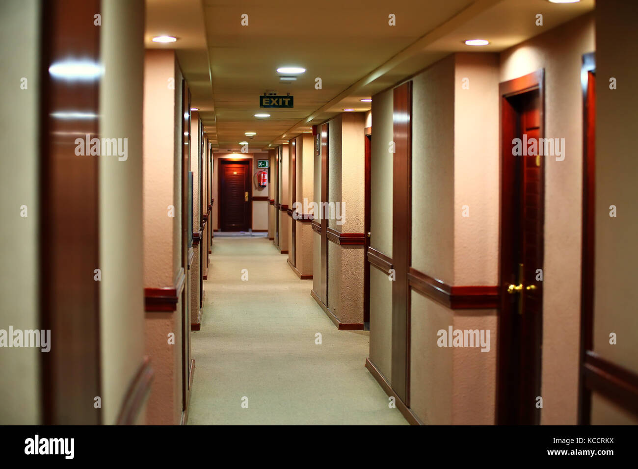 Empty corridor of modern hotel. Interrior of modern tourist hotel. Stock Photo