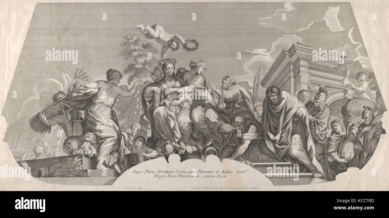 An allegorical composition with Charity and prisoners in chains; a plate from Rossi's series of engravings of Pietro da Cortona Stock Photo