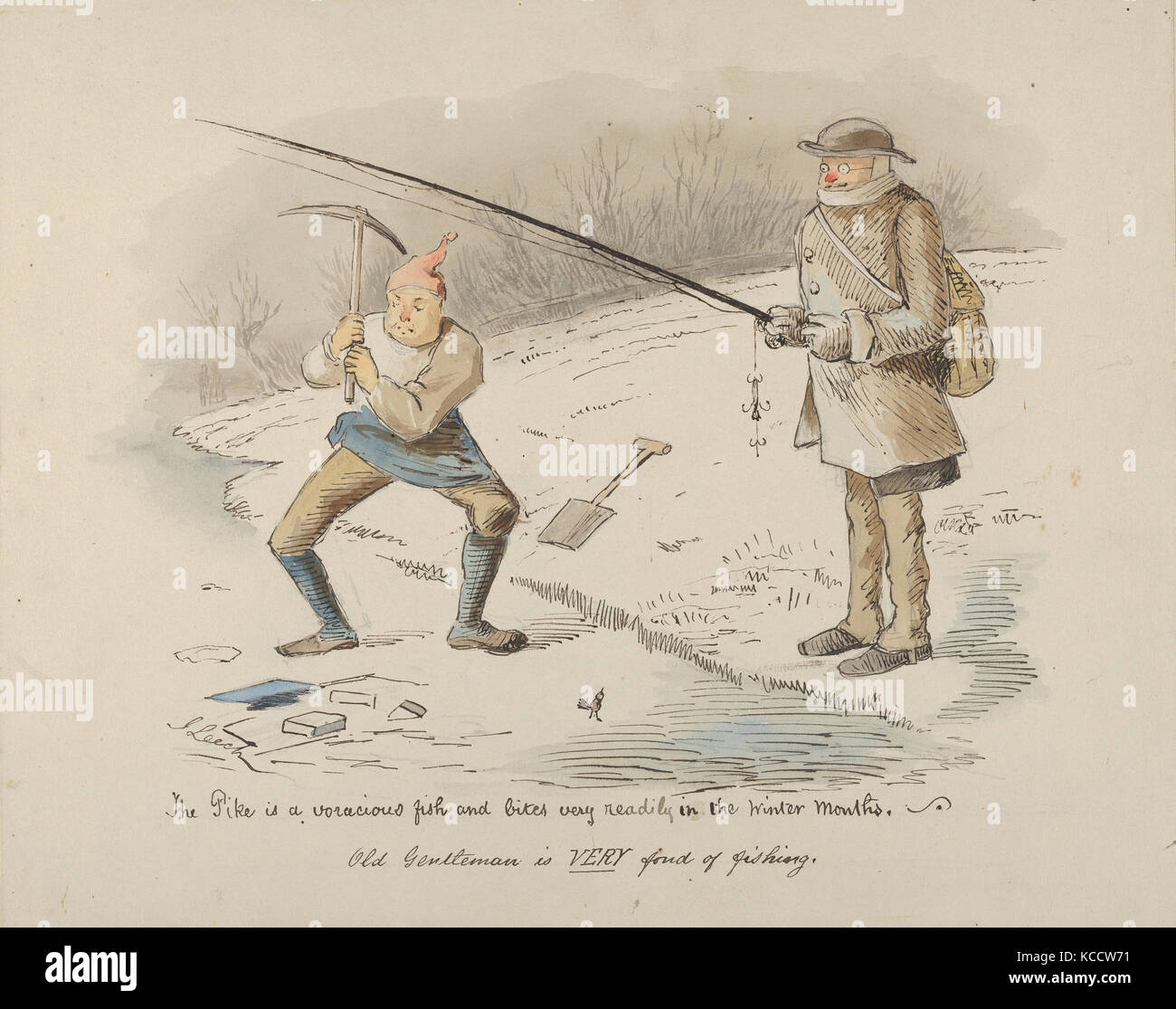The Pike is a voracious fish and bites readily in the Winter months–Old Gentleman is VERY fond of fishing, John Leech, 1830–64 Stock Photo