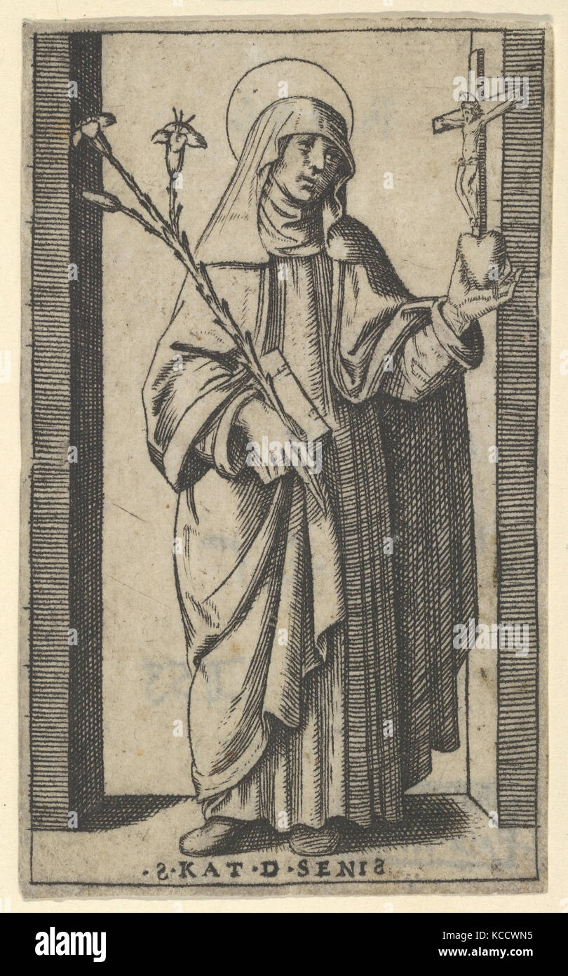 Saint Catherine of Siena standing holding flowers and book in her right ...
