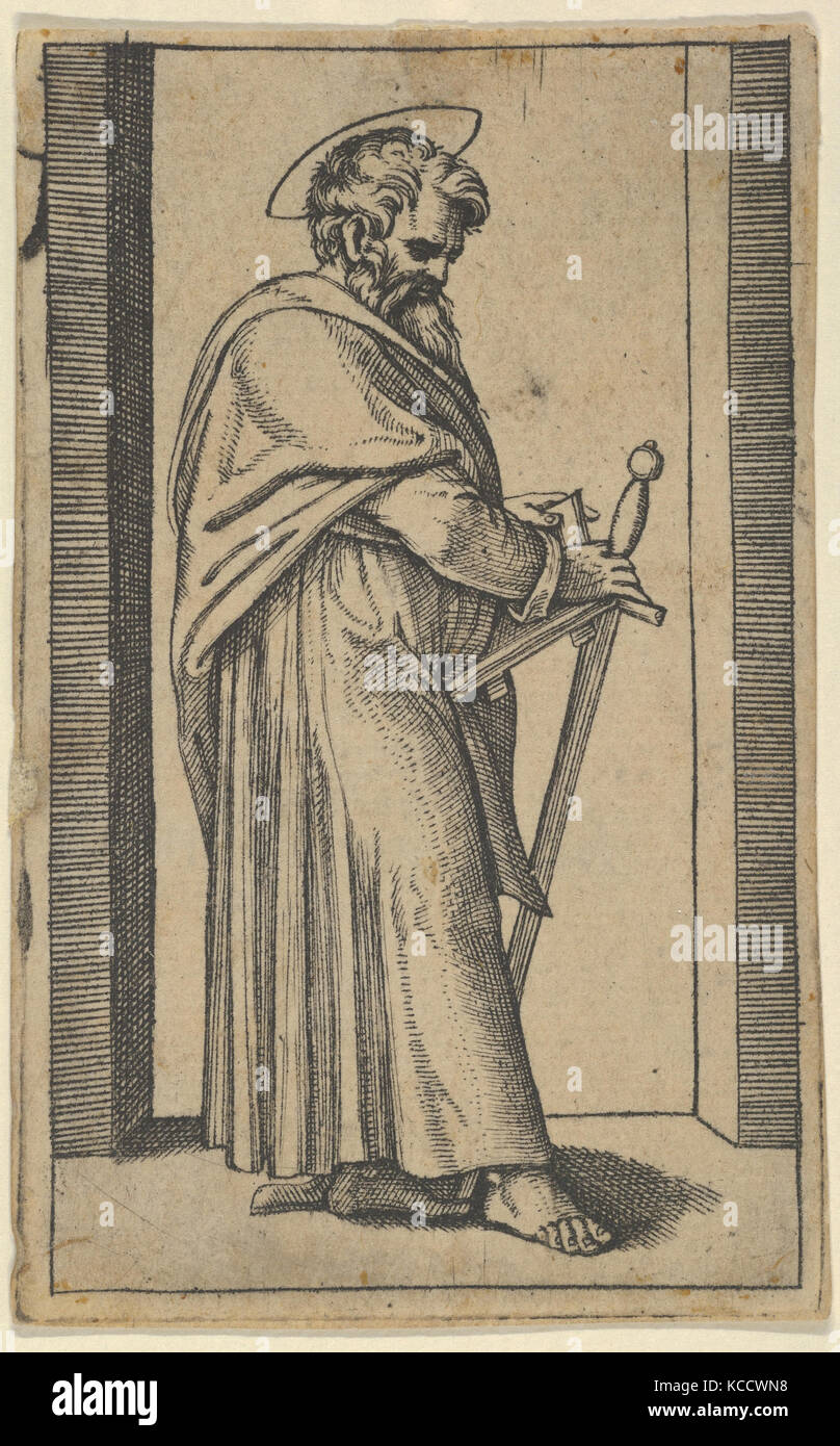 Saint Paul holding a book and a sword facing right, After Marcantonio Raimondi, ca. 1500–1540 Stock Photo