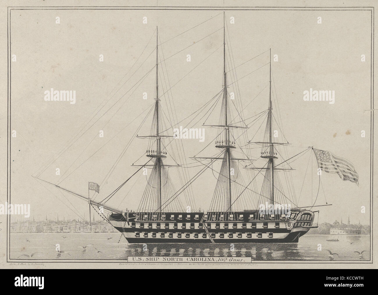 U. S. Ship North Carolina, 102 Guns, 1843, Lithograph; uncolored proof, Image: 9 1/8 x 13 1/8 in. (23.2 x 33.3 cm), Prints Stock Photo