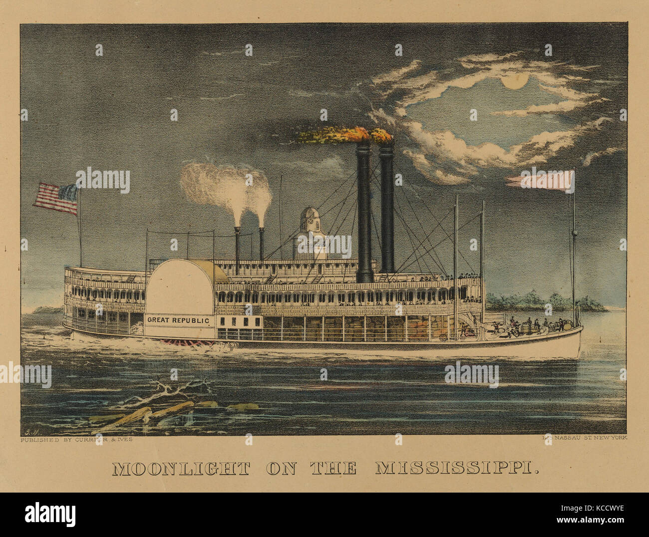 Drawings and Prints, Print, Moonlight on the Mississippi, Lithographer, Artist, Lithographed and published by, Currier & Ives Stock Photo