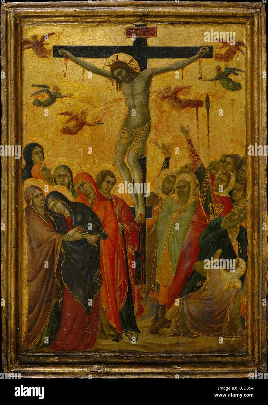 The Crucifixion, ca. 1315, Tempera on panel, Left wing, overall, with engaged frame, 15 1/8 x 10 5/8 in. (38.4 x 27 cm); right Stock Photo
