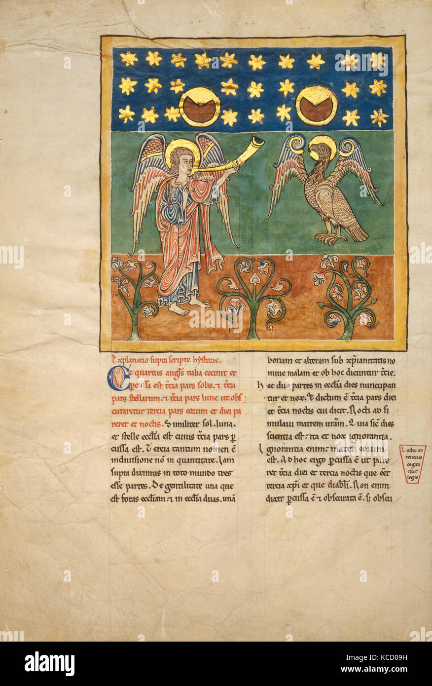 Leaf from a Beatus Manuscript: the Fourth Angel Sounds the Trumpet and an Eagle Cries Woe, ca. 1180 Stock Photo