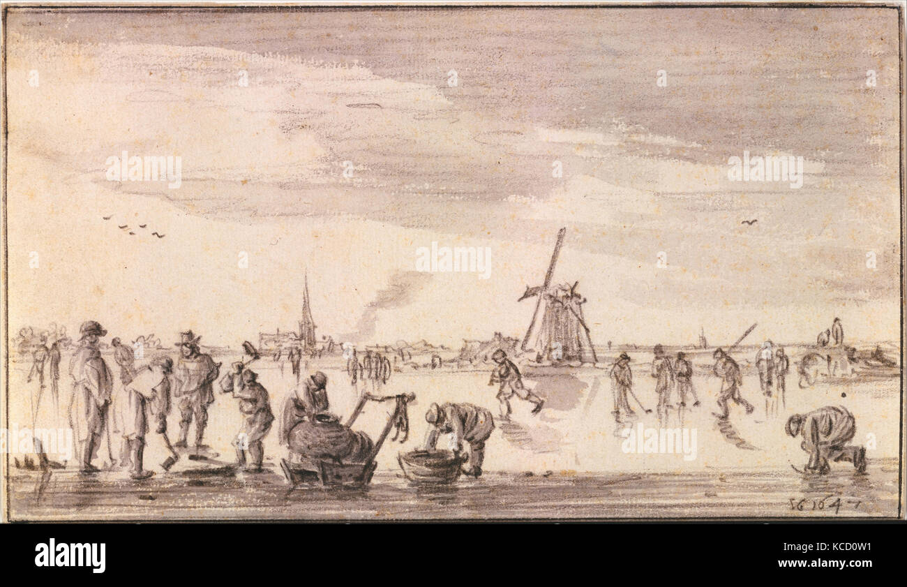 Winter Landscape with Skaters and Fishermen, Jan van Goyen, 1647 Stock Photo