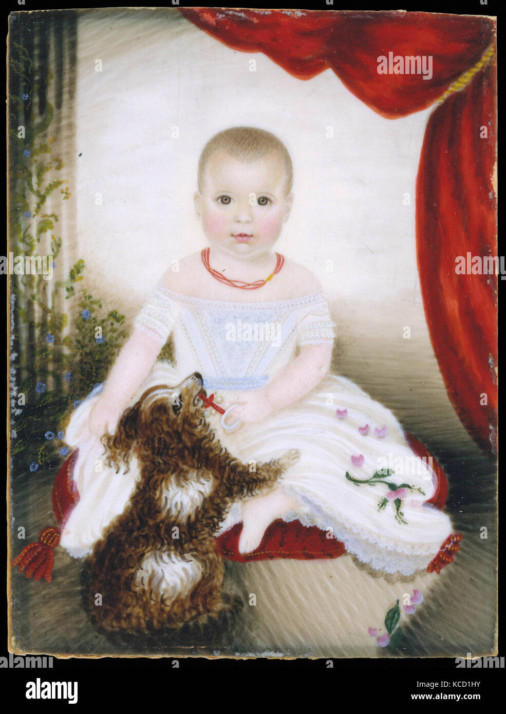 Baby with Rattle and Dog, Attributed to Mrs. Moses B. Russell, 1842 Stock Photo