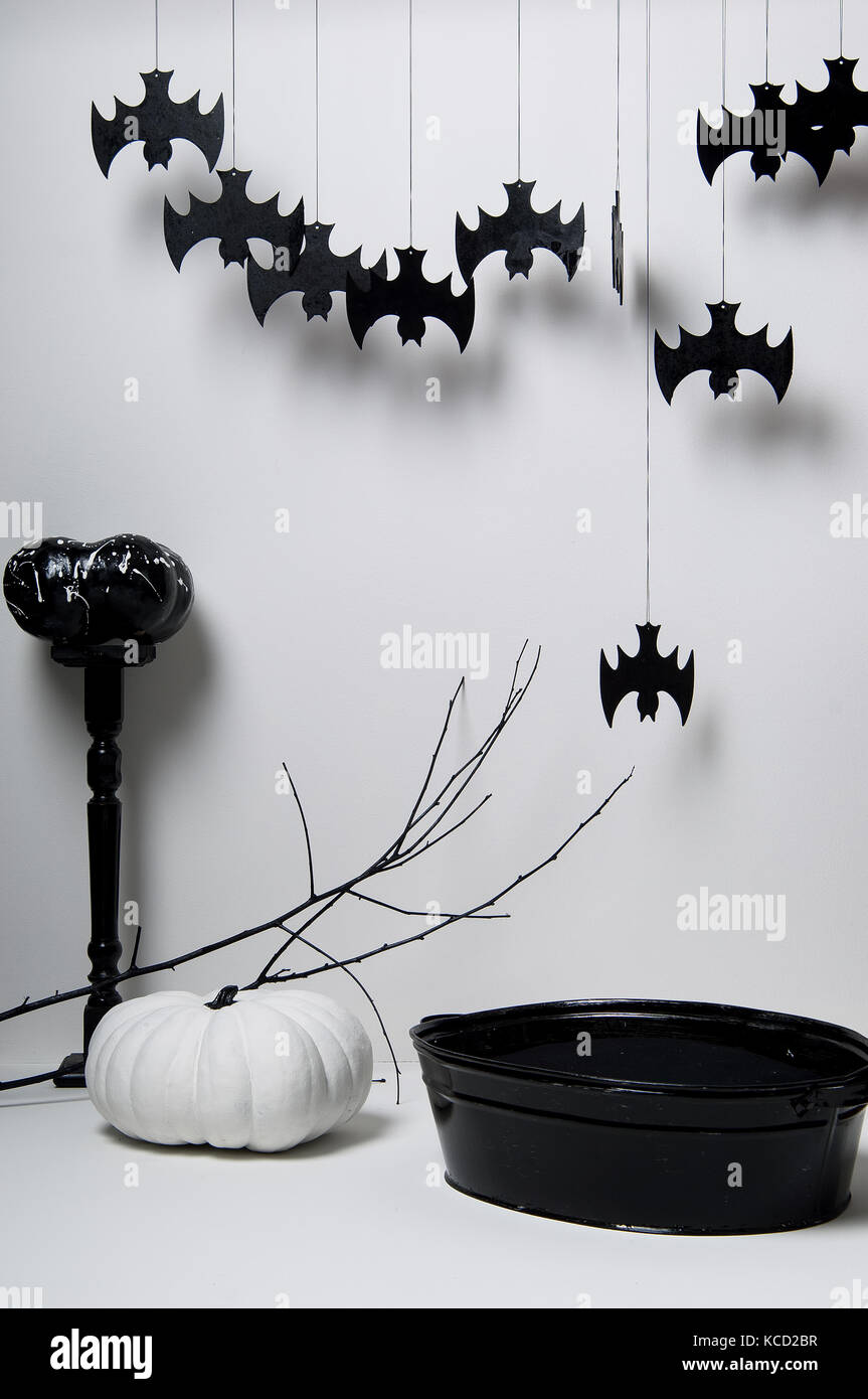 halloween with black bats and pumpkins on a white background Stock ...