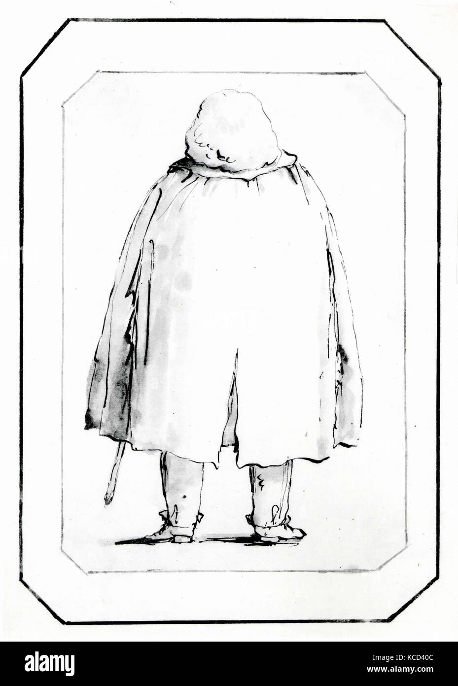 Caricature of a Man in a Voluminous Cloak, Carrying a Walking Stick, Seen from Behind, Giovanni Battista Tiepolo, 1760 Stock Photo