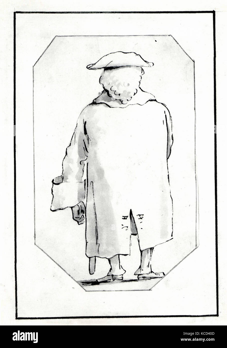 Caricature of a Man Wearing a Wig and a Tricorne, Seen from Behind, Giovanni Battista Tiepolo, 1760 Stock Photo