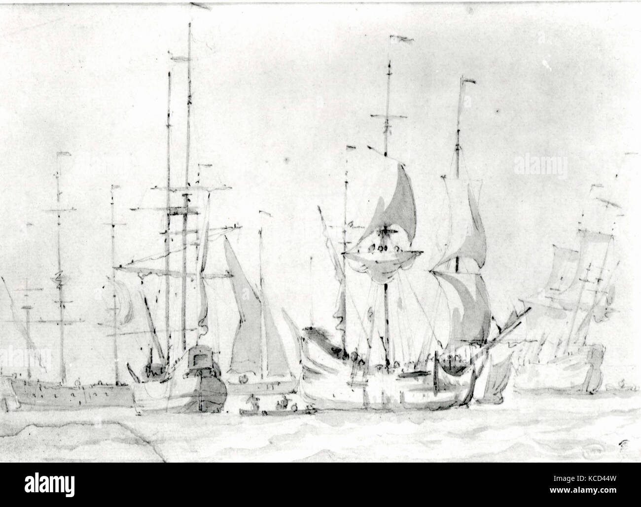 Dutch Merchant Ships at Anchor or under Easy Sail in a Moderate Breeze, Willem van de Velde I, ca. 1658 Stock Photo