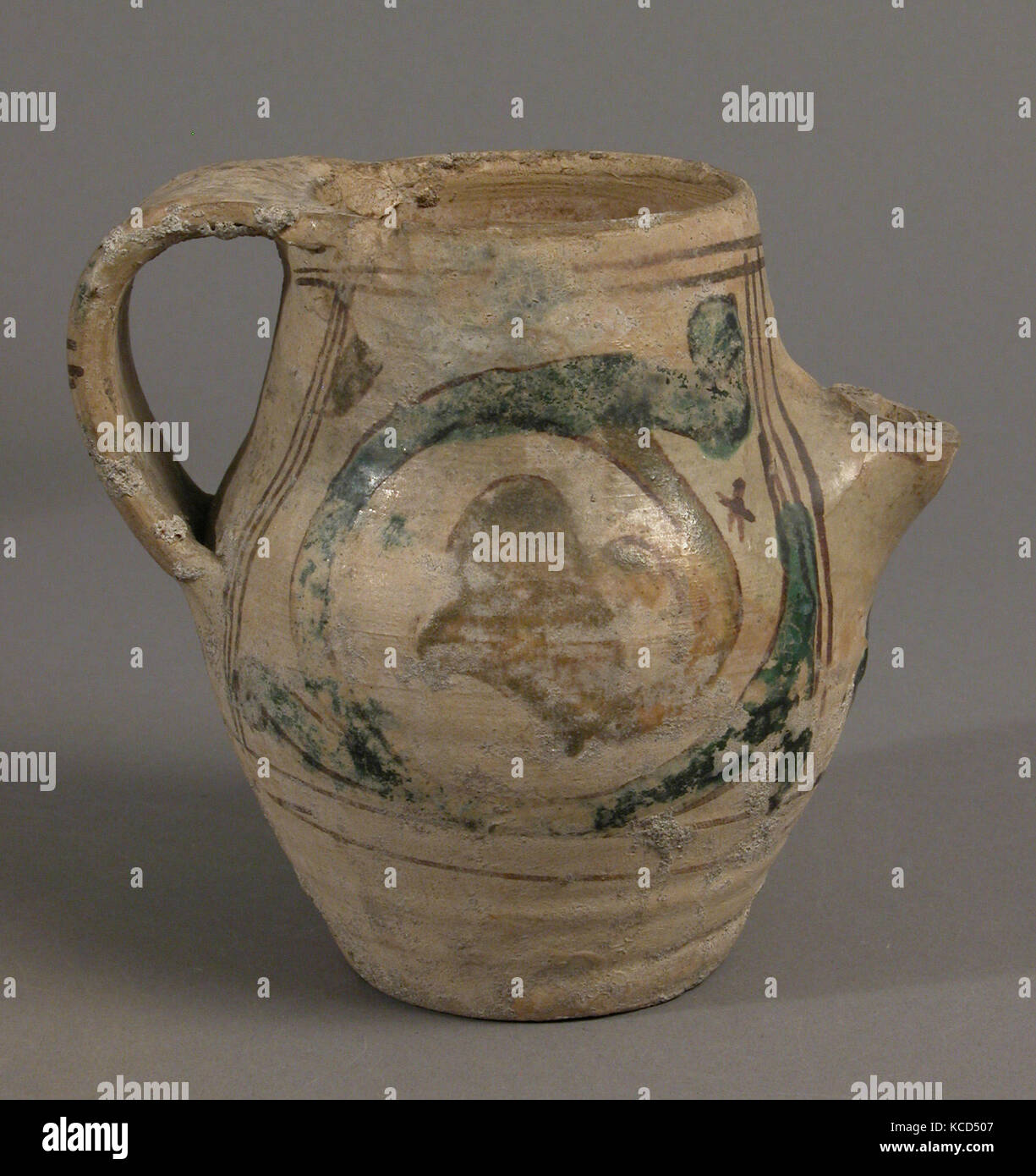 Pitcher, 14th century, Made in Rome, Italy, Italian, Earthenware, tin-glaze (Majolica), Overall: 5 3/16 x 5 1/2 x 4 1/4 in. (13 Stock Photo