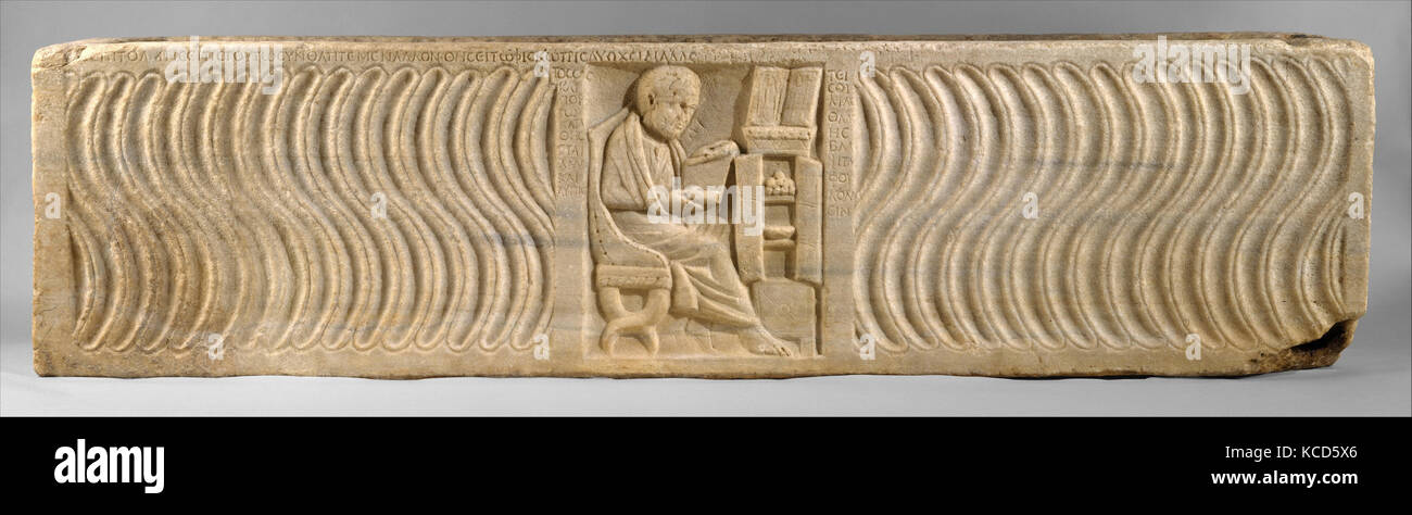 Sarcophagus with a Greek Physician, early 300s, Made in Ostia, Rome, Roman, Marble, 21 3/4 x 23 1/4 x 84 7/8 in. (55.2 x 59.1 x Stock Photo