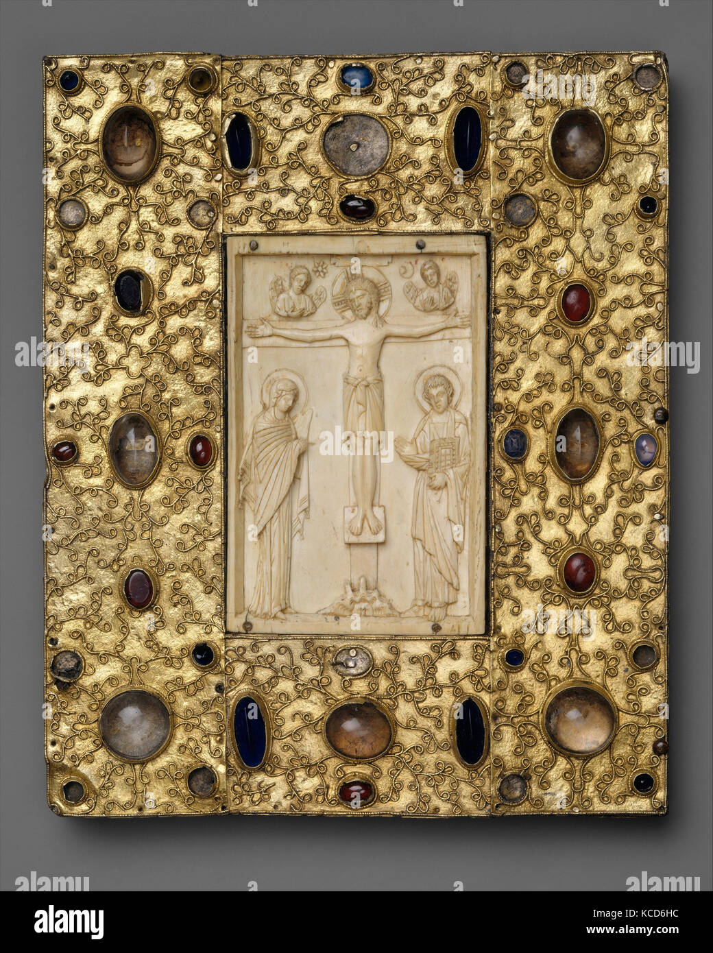 Book Cover with Byzantine Icon of the Crucifixion, 1000 (ivory); before 1085 (setting Stock Photo