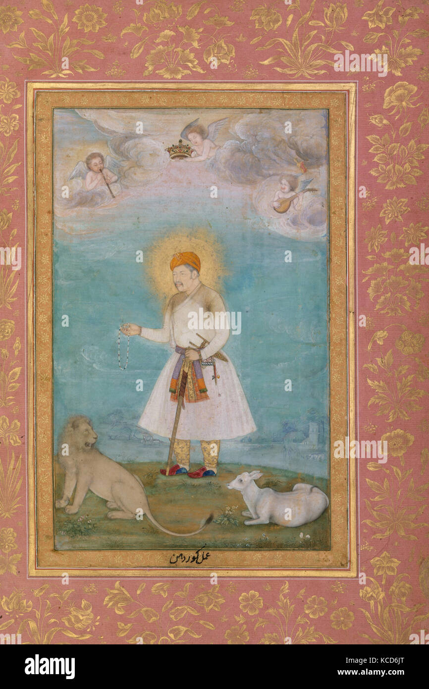 'Akbar With Lion and Calf', Folio from the Shah Jahan Album, Painting by Govardhan, verso: ca. 1630; recto: ca. 1530–50 Stock Photo