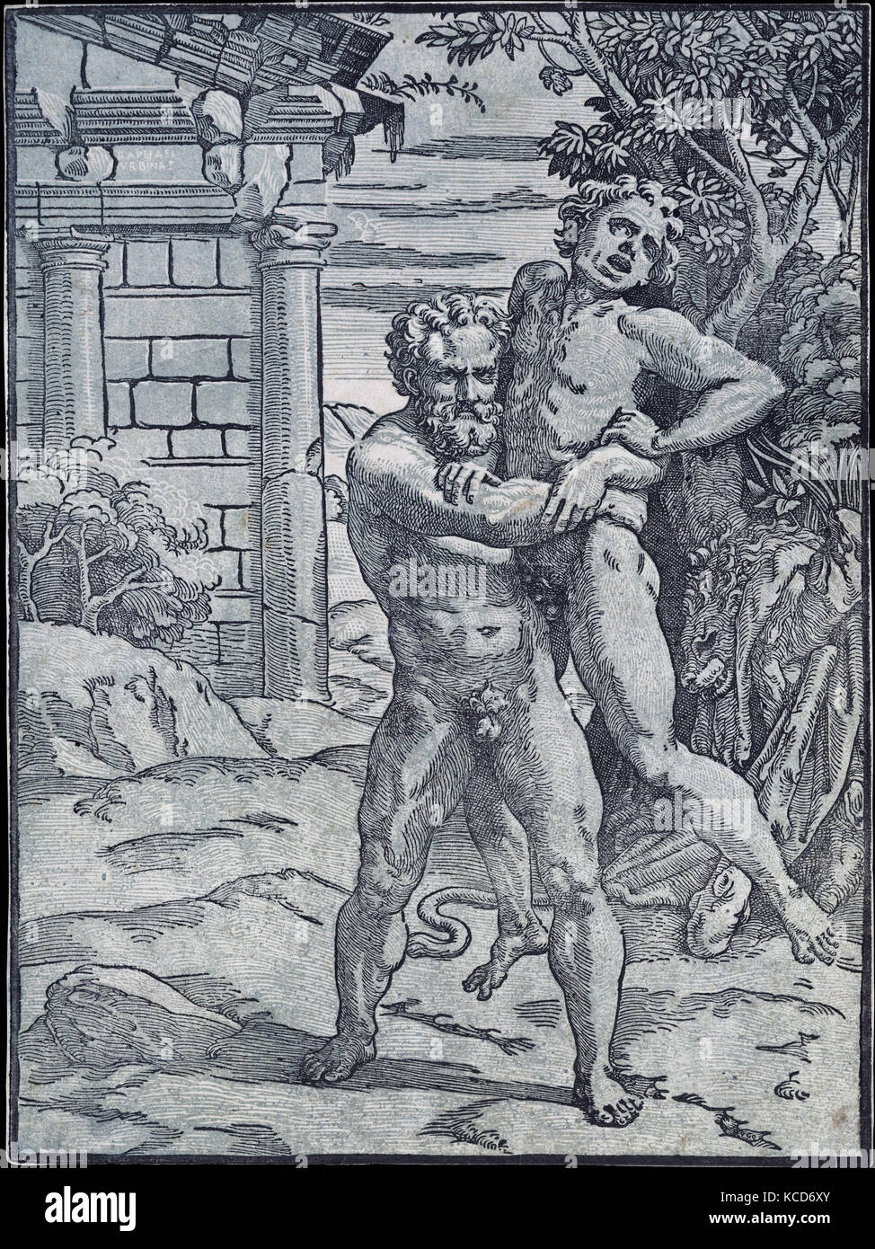 Hercules and Antaeus, 1510–30, Chiaroscuro woodcut printed from two blocks in green-blue and black ink, Sheet: 11 15/16 x 8 7/8 Stock Photo