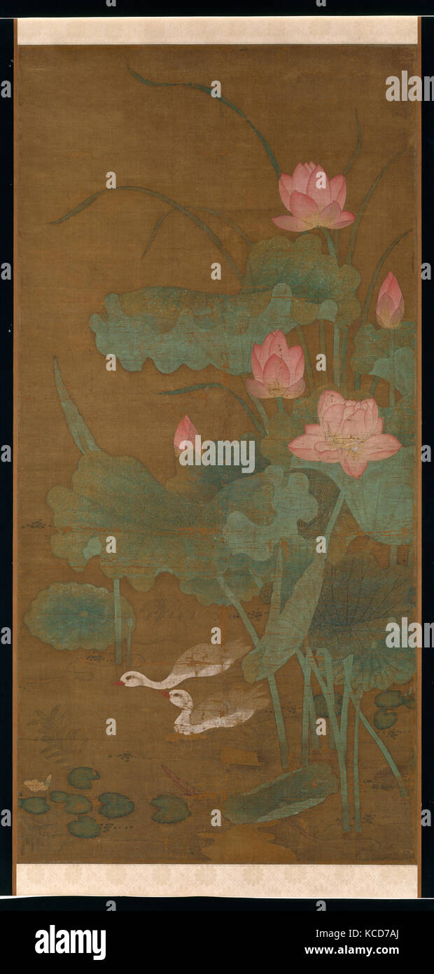 元      佚名     蓮花圖     軸, Lotus and waterbirds, Unidentified Artist, active ca. 13, ca. 1300 Stock Photo