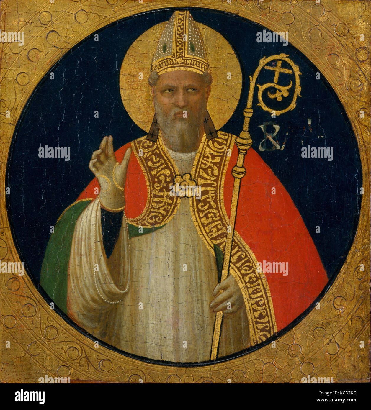 A Bishop Saint, ca. 1425, Tempera on wood, gold ground, Overall 6 1/4 x 6 1/8 in. (15.9 x 15.6 cm); diameter of roundel 5 7/8 Stock Photo