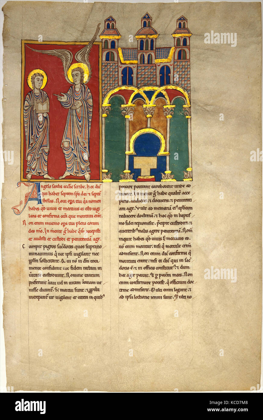 Leaf from a Beatus Manuscript: the Angel of the Church of Sardis with Saint John, ca. 1180 Stock Photo