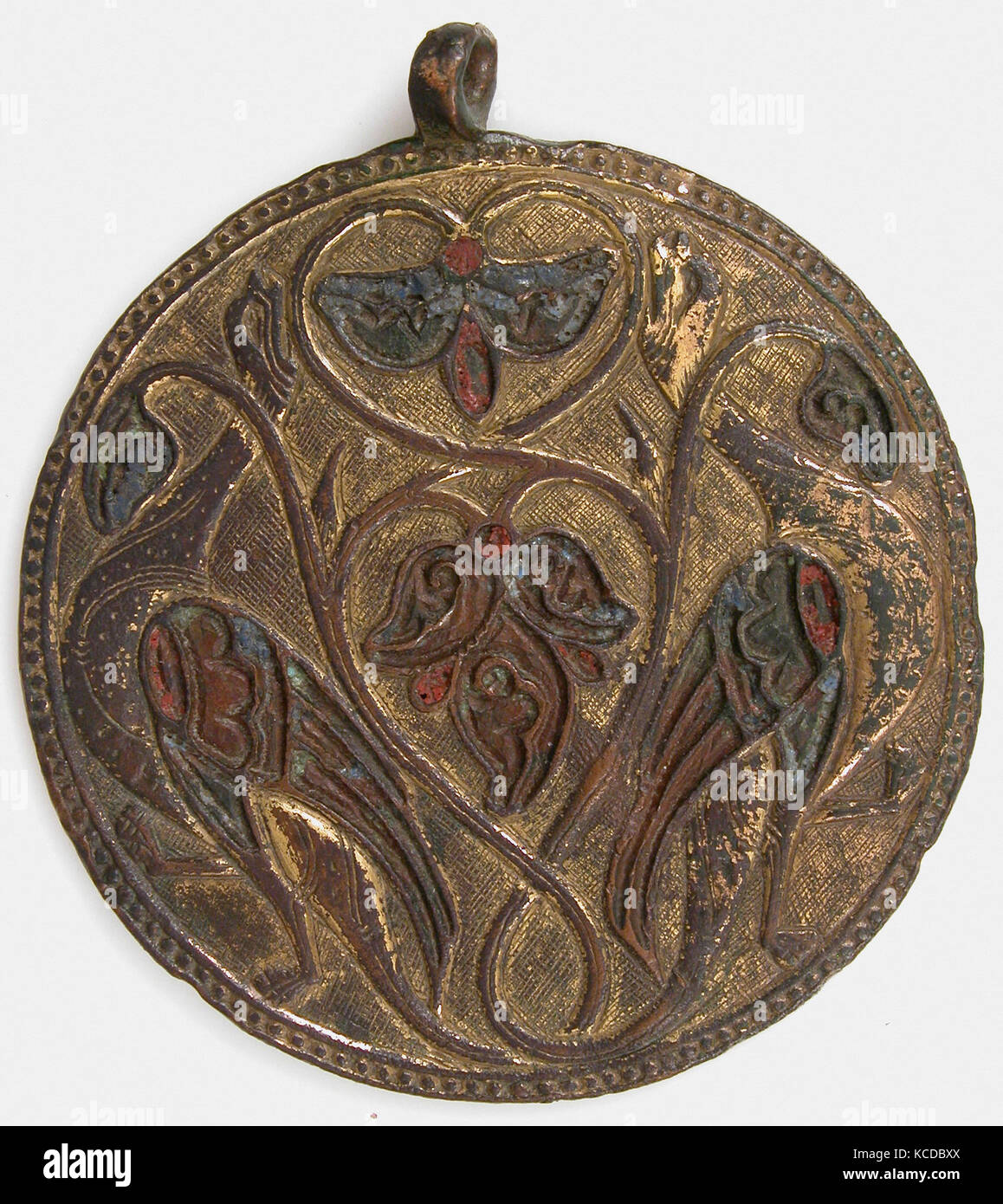 Pendant Medallion, ca. 1180–90, Made in Limoges, France, French, Copper: engraved, stamped, and gilt; champlevé enamel: traces Stock Photo