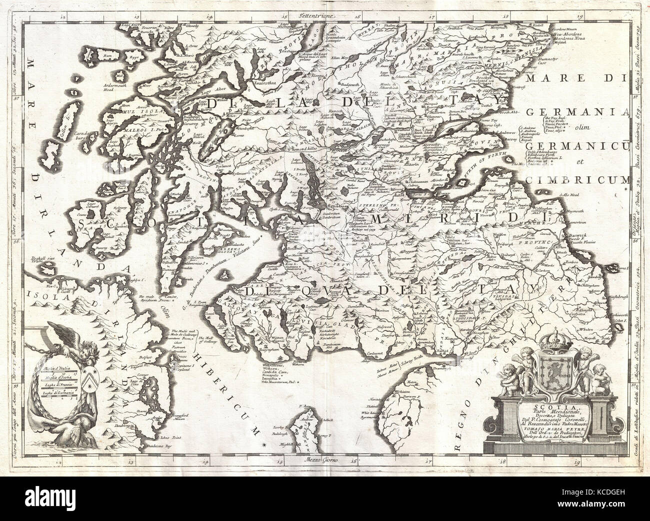1690, Coronelli Map of Southern Scotland, Edinburg and Glasgow Stock Photo