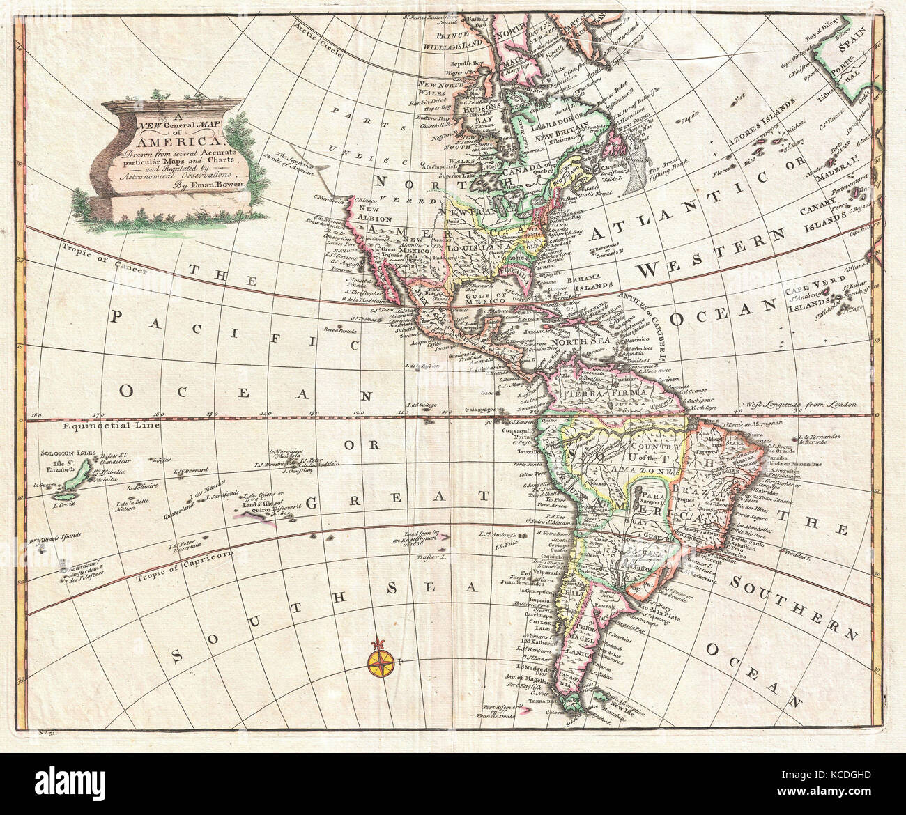 1747, Bowen Map of North America and South America, Western Hemisphere Stock Photo