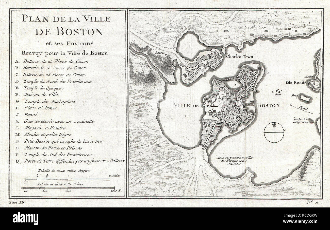 1756, Bellin Map of Boston, Massachusetts Stock Photo