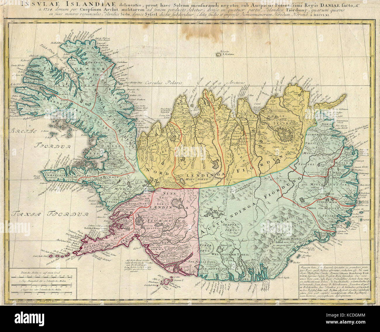 1761, Homann Heirs Map of Iceland Insulae Islandiae Stock Photo