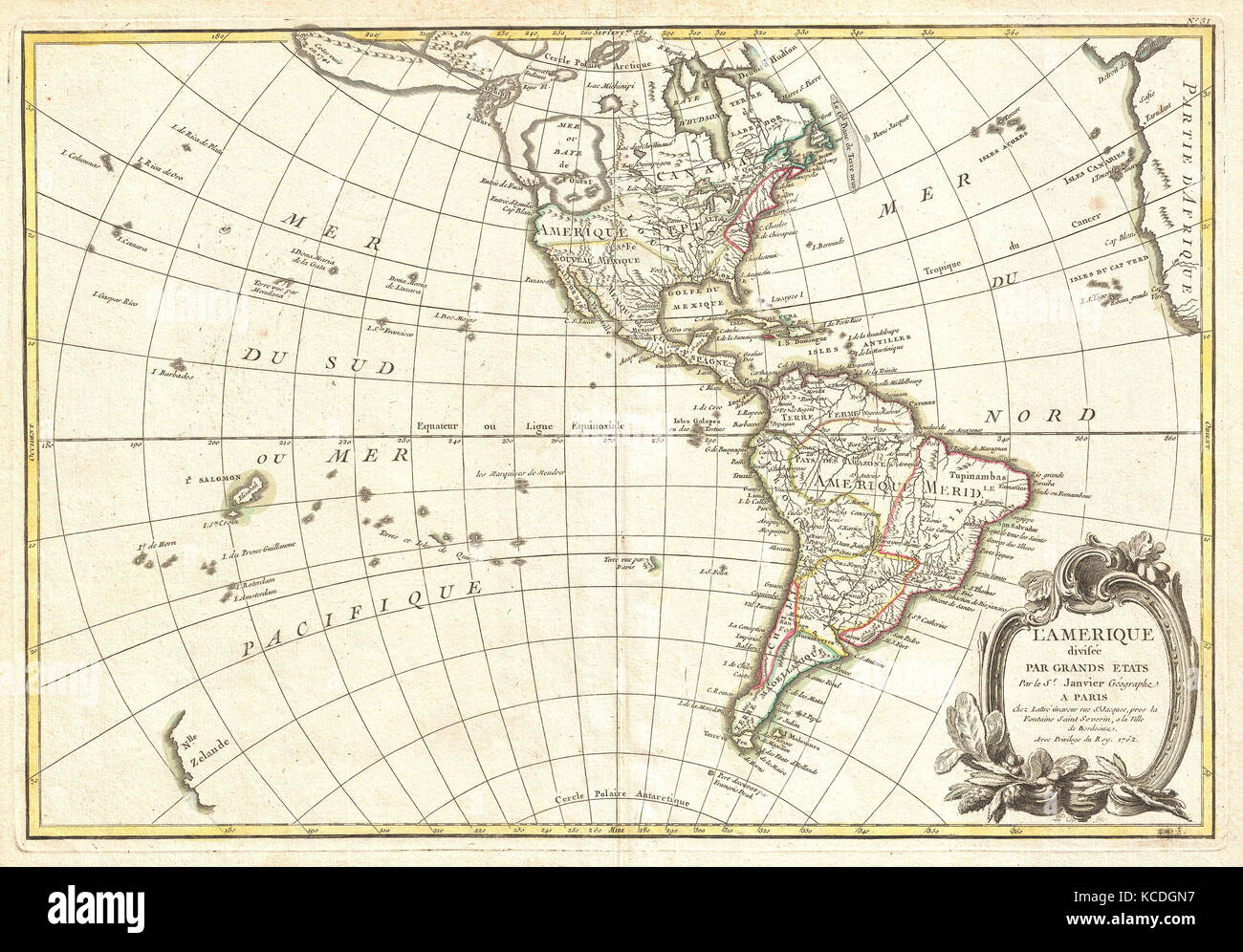 1762, Janvier Map of North America and South America, Sea of the West Stock Photo