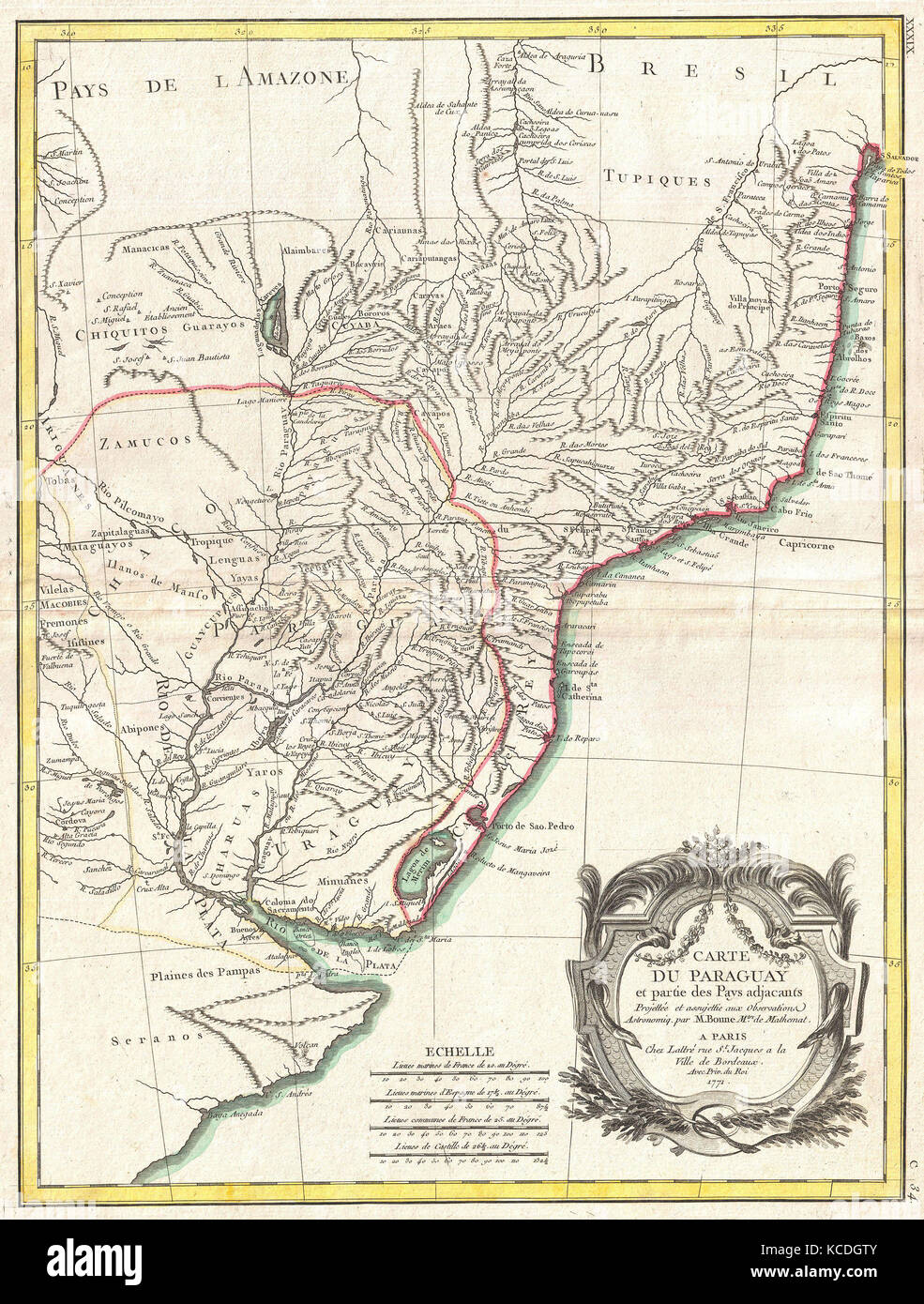 1771, Bonne Map of Paraguay, Uruguay, and Brazil, Rigobert Bonne 1727 – 1794 Stock Photo