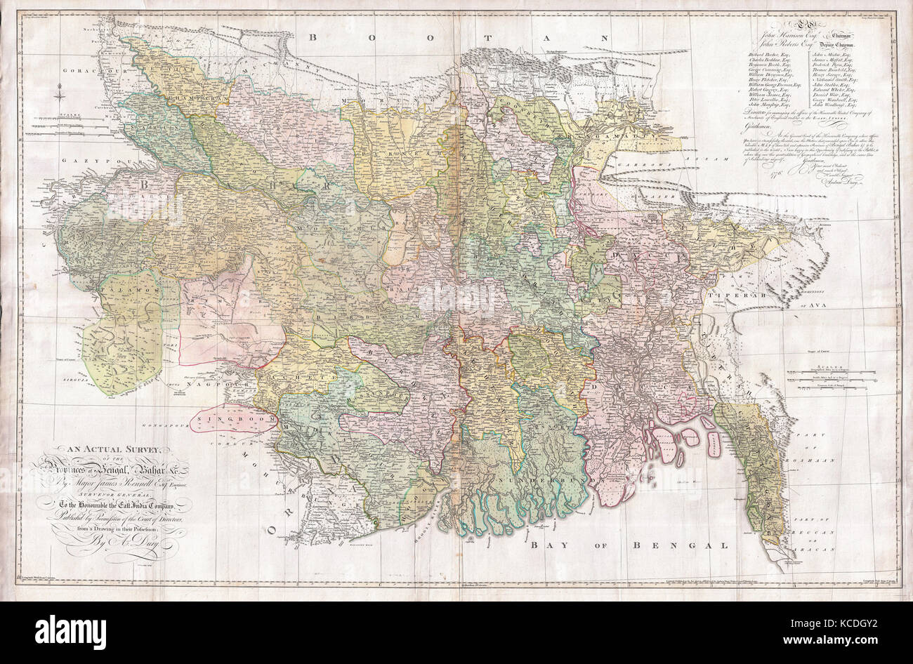 1776, Rennell, Dury Wall Map of Bihar and Bengal, India Stock Photo