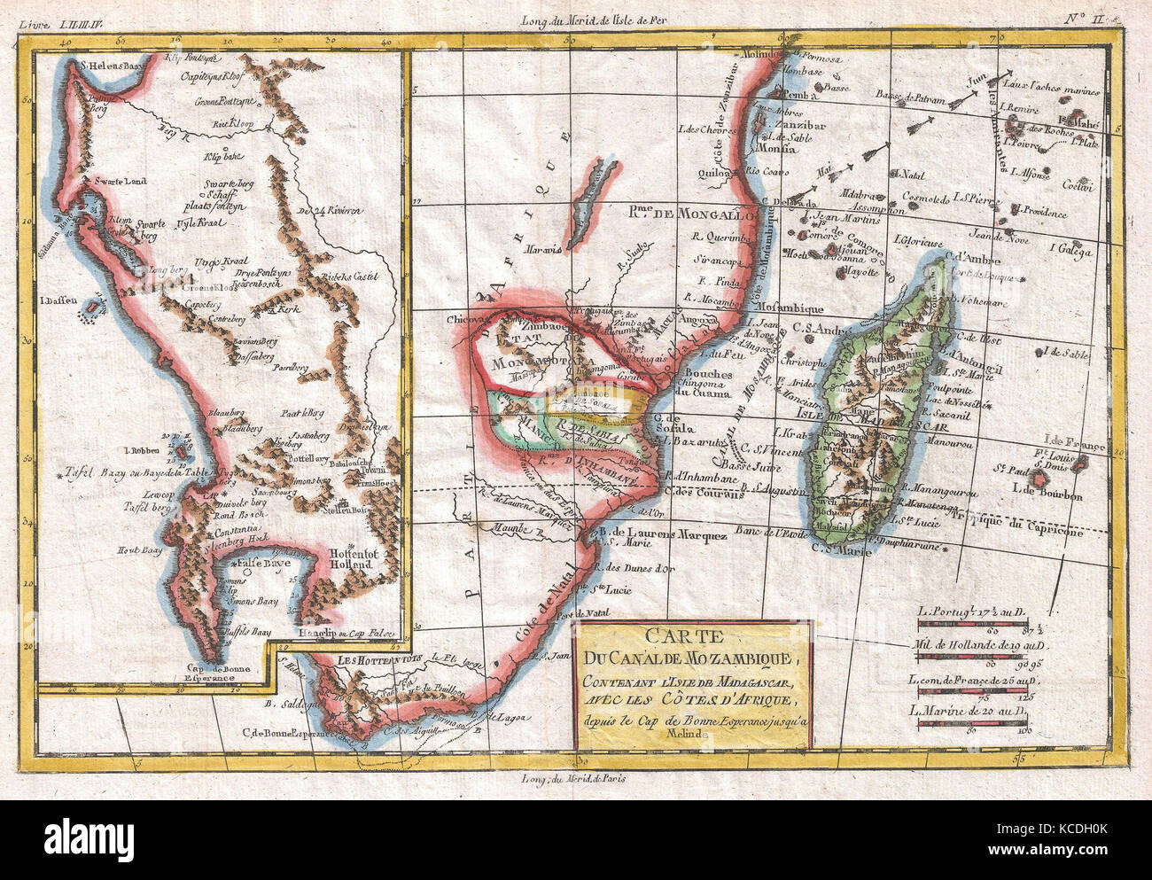 1780, Raynal and Bonne Map of South Africa, Zimbabwe, Madagascar, and Mozambique, Rigobert Bonne 1727 – 1794 Stock Photo